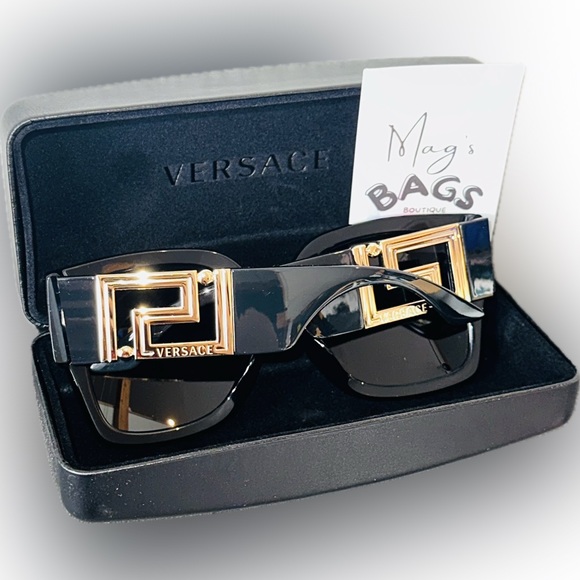Versace: Greca Logo Oversized Gold Sunglasses - Picture 6 of 14